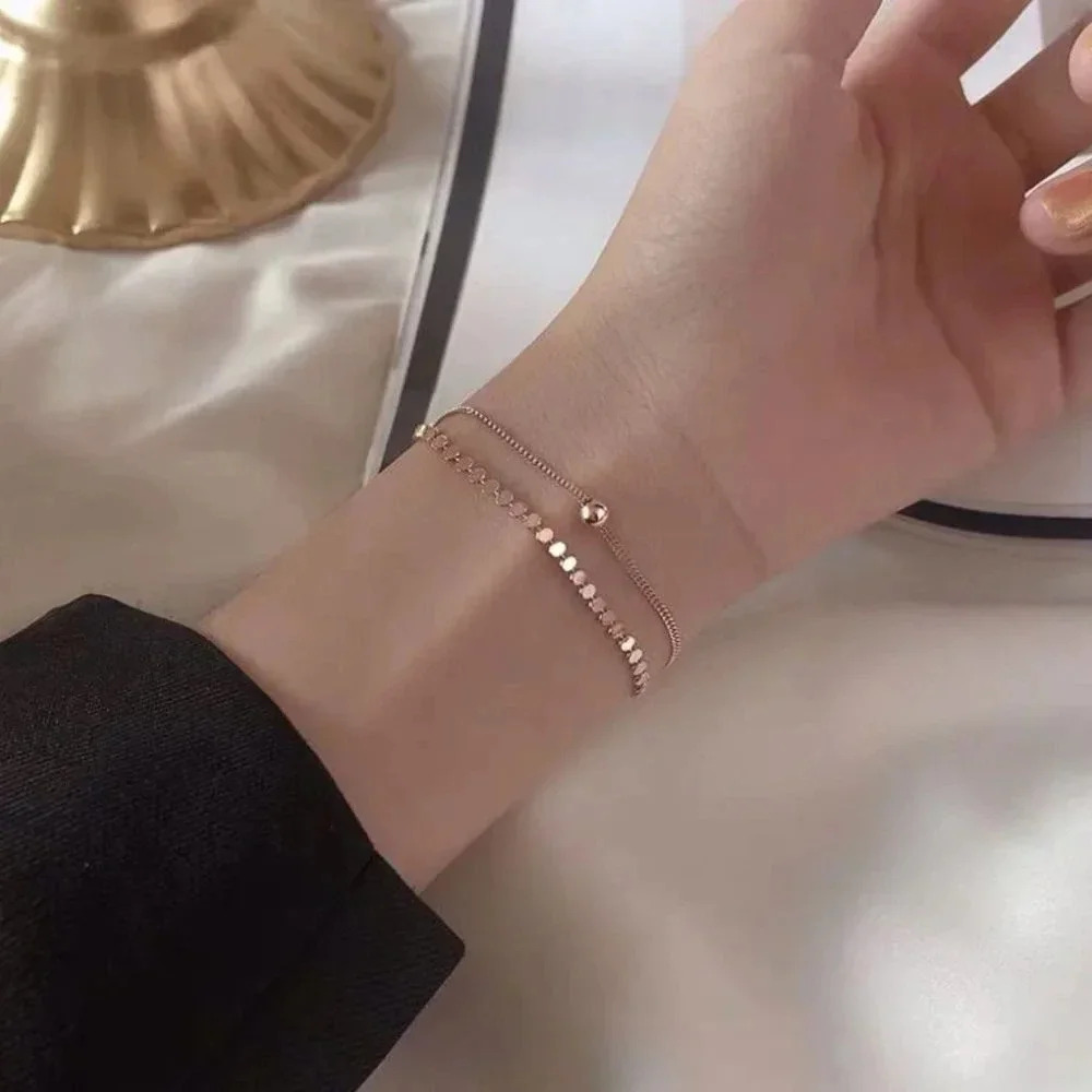 Sterling Silver Bead Layered Bracelet Rose Gold